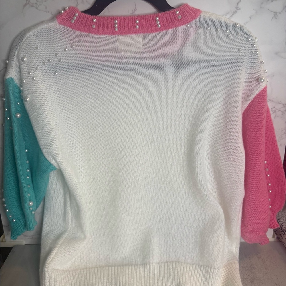 BiBi Blush Pink and Teal Sweater with Pearls - Picture 2 of 4